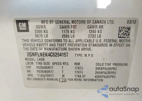 2012 Chevrolet Equinox 2Lt из США, поврежденный, VIN 2GNFLNEK4C6294157